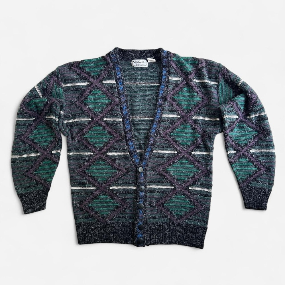 Grandpa Style Blue Purple Green Geometric Vintage open front cardigan